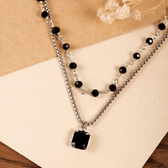 Gothic Boho Crystal Necklace Layered Black Choker Jewelry Gift for Women - Picture 5 of 7